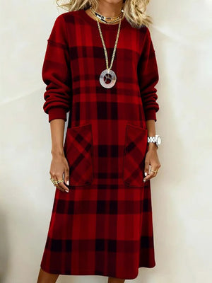 Plaid Long-Sleeve Elegant Midi Dress