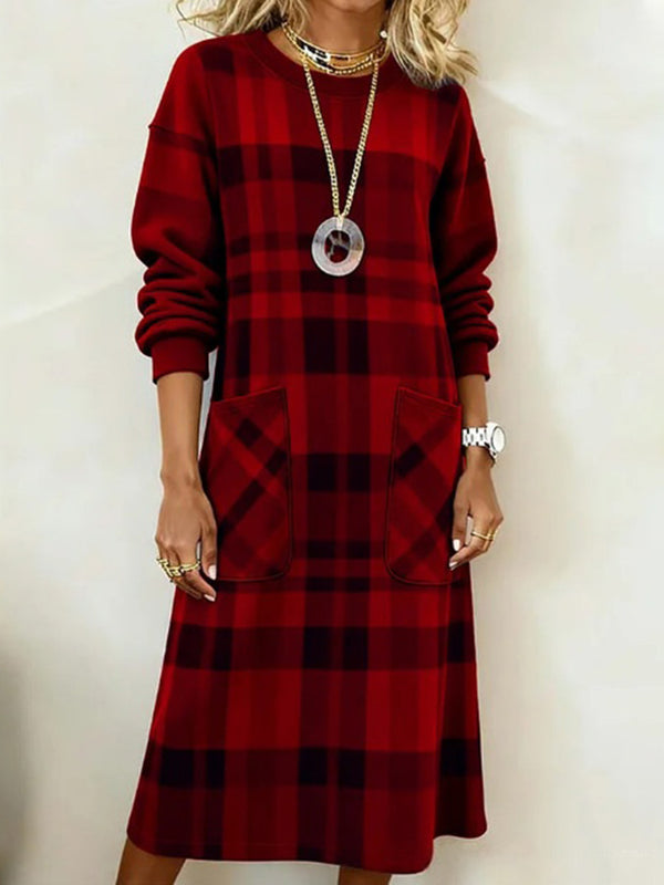 Plaid Long-Sleeve Elegant Midi Dress