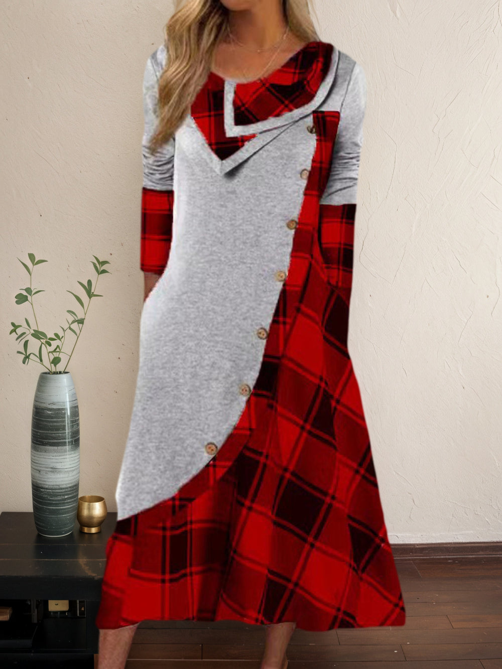 Plaid Patchwork Long-Sleeve Casual Dress