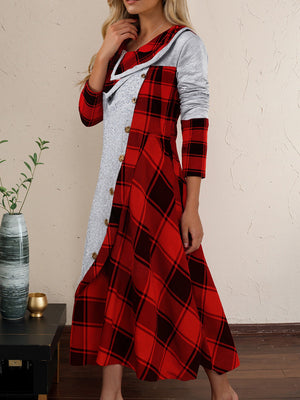 Plaid Patchwork Long-Sleeve Casual Dress