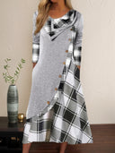 Plaid Patchwork Long-Sleeve Casual Dress