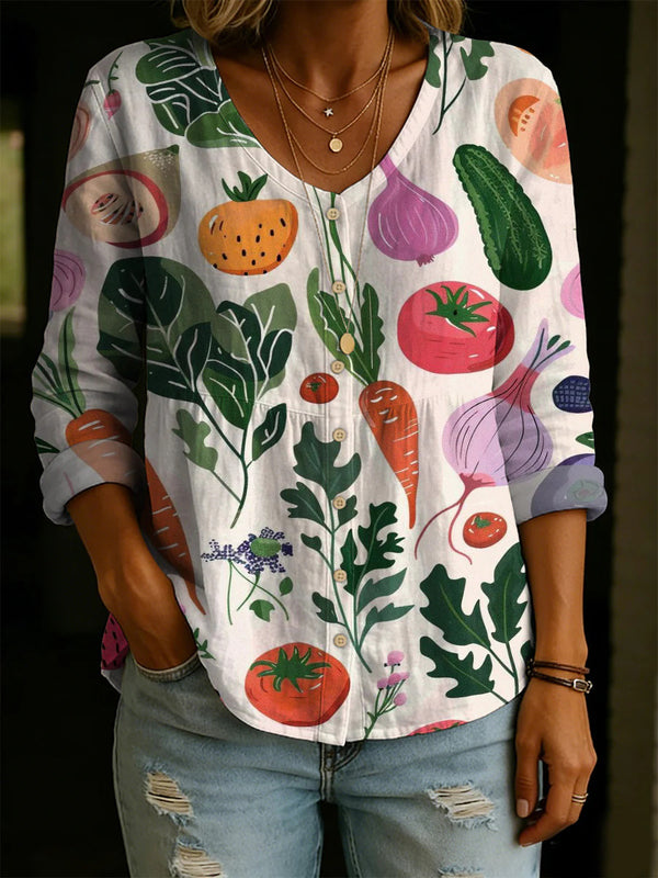 Playful Botanical Print Long Sleeve Blouse