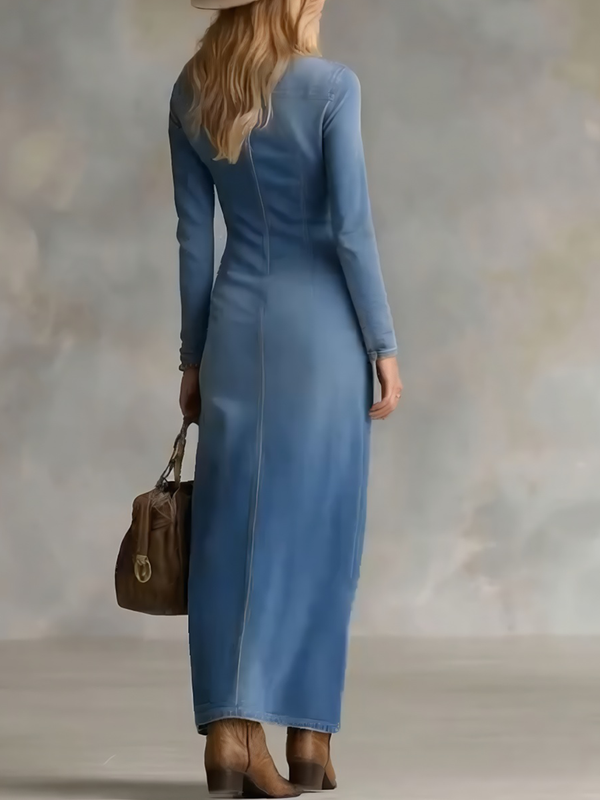 Premium Button-Front V-Neck Denim Maxi Dress