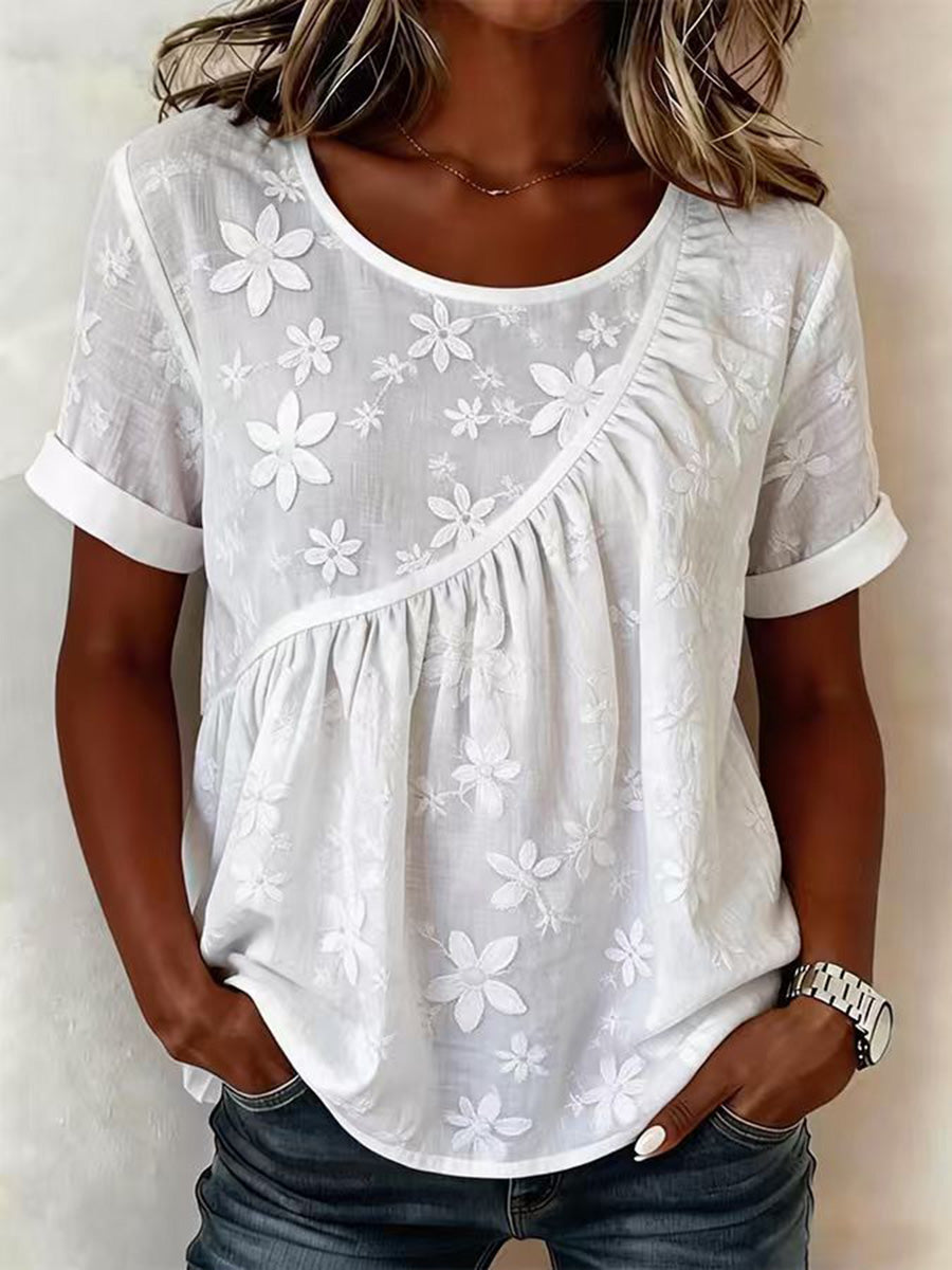 Refined Round-Neck Embroidered Top