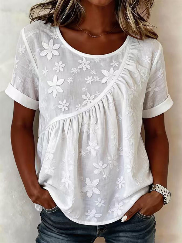 Refined Round-Neck Embroidered Top