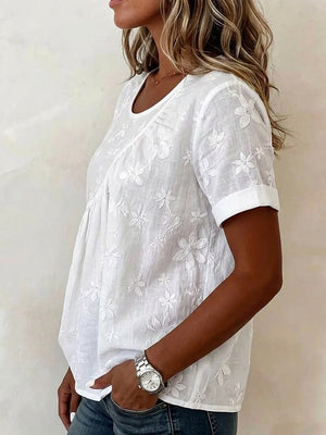 Refined Round-Neck Embroidered Top