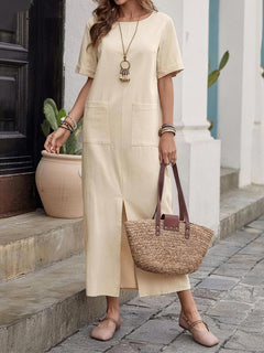 Relaxed Cotton-Linen Round Neck Maxi Dress