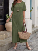 Relaxed Cotton-Linen Round Neck Maxi Dress