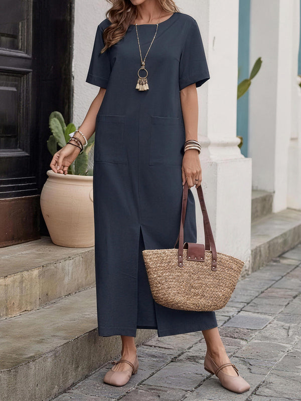 Relaxed Cotton-Linen Round Neck Maxi Dress