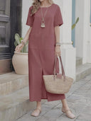Relaxed Cotton-Linen Round Neck Maxi Dress