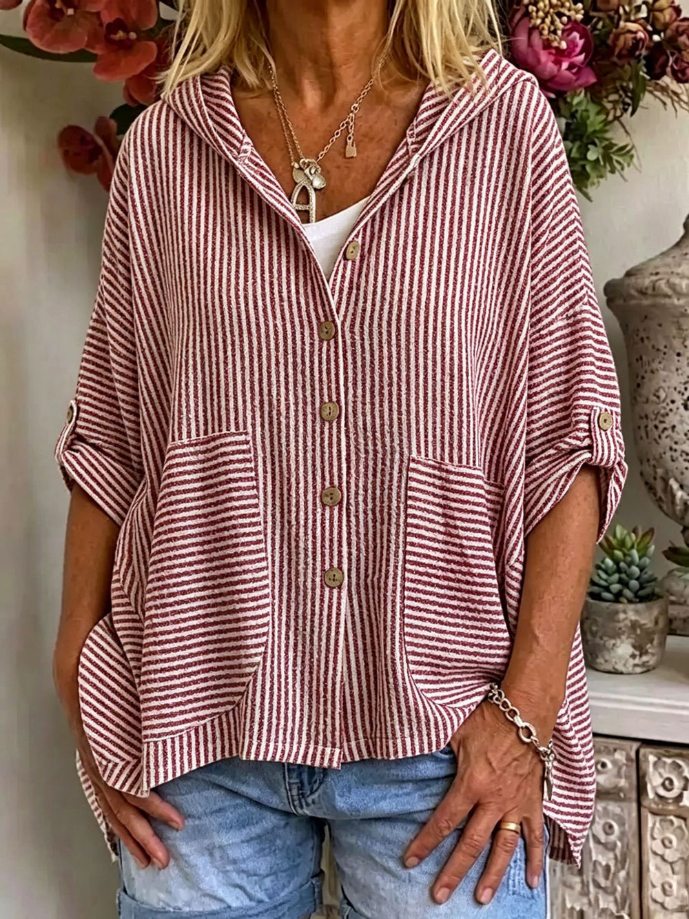 Resort Style Striped Linen Hoodie Top