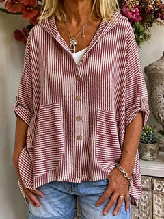 Resort Style Striped Linen Hoodie Top