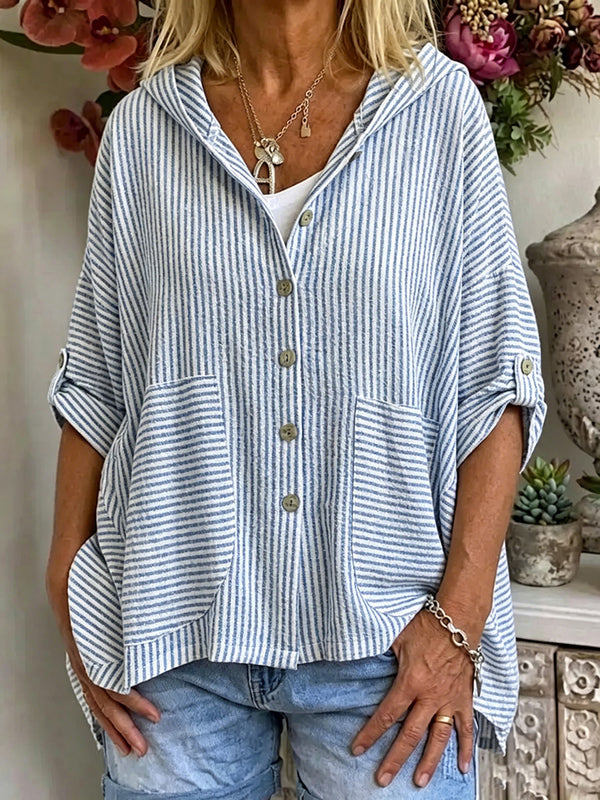 Resort Style Striped Linen Hoodie Top