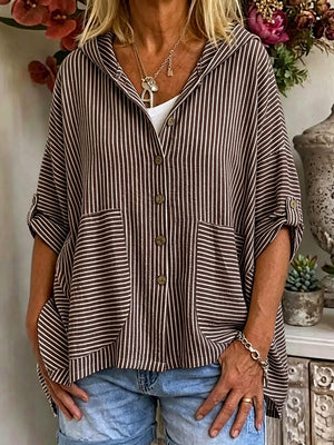 Resort Style Striped Linen Hoodie Top