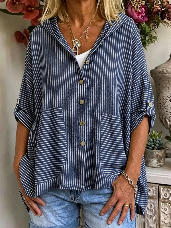 Resort Style Striped Linen Hoodie Top