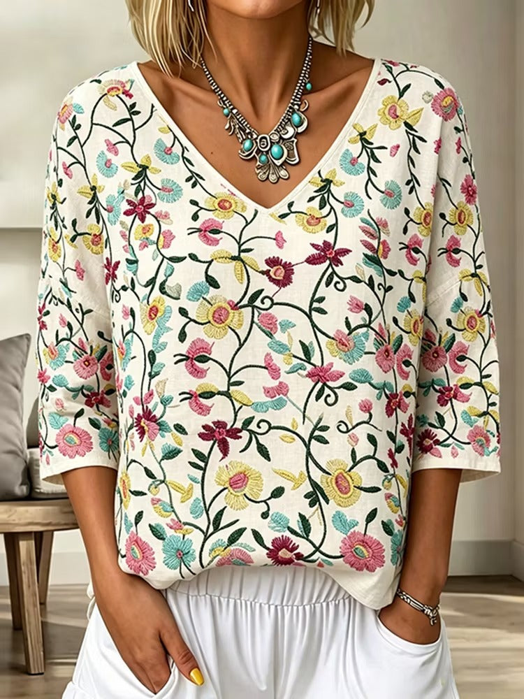 Resort Style Vintage Floral Linen Top