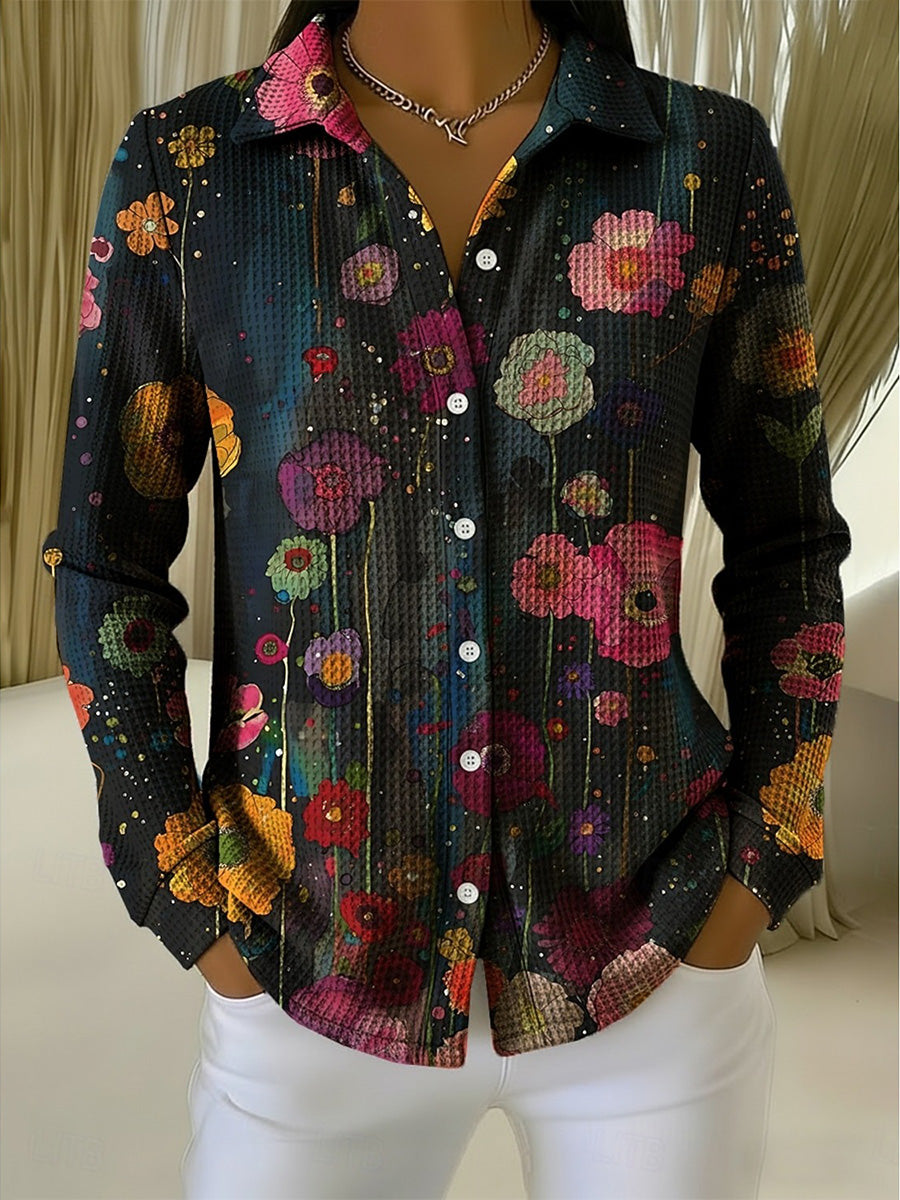 Resort Waffle Print Long Sleeve Blouse