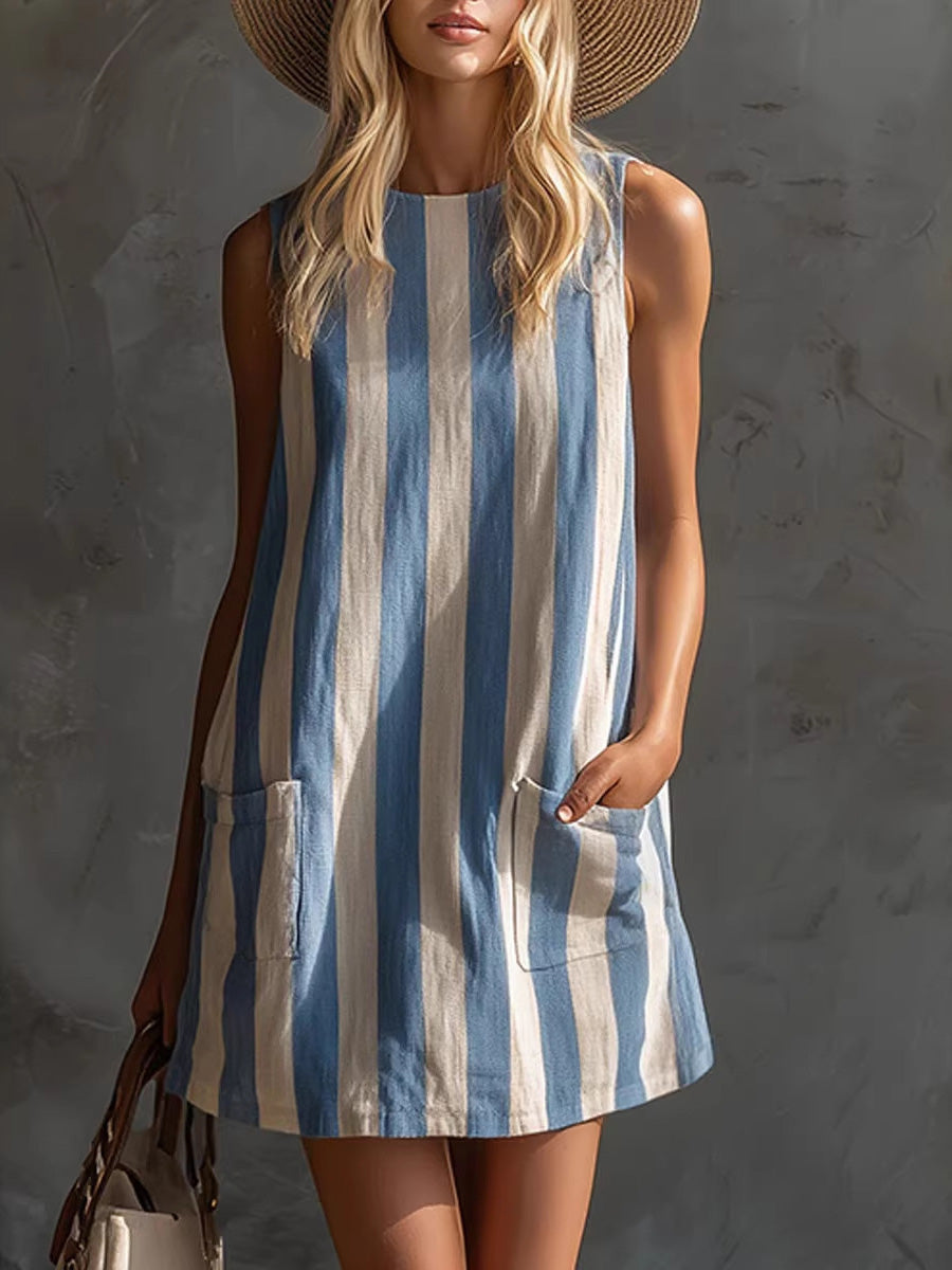Retro Striped Sleeveless Cotton Linen Mini Dress