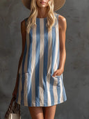 Retro Striped Sleeveless Cotton Linen Mini Dress