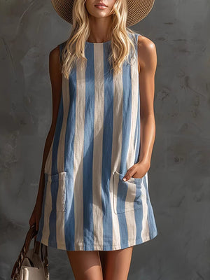Retro Striped Sleeveless Cotton Linen Mini Dress