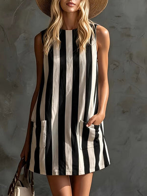 Retro Striped Sleeveless Cotton Linen Mini Dress