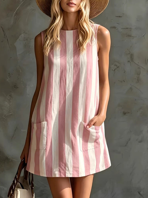 Retro Striped Sleeveless Cotton Linen Mini Dress