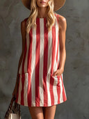 Retro Striped Sleeveless Cotton Linen Mini Dress