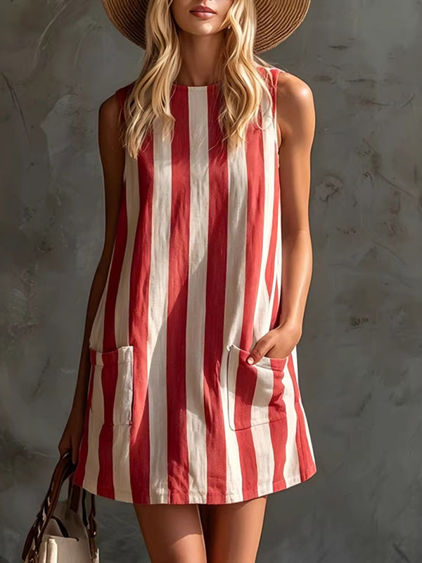 Retro Striped Sleeveless Cotton Linen Mini Dress