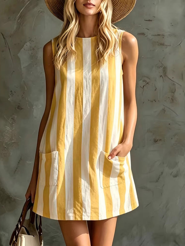 Retro Striped Sleeveless Cotton Linen Mini Dress