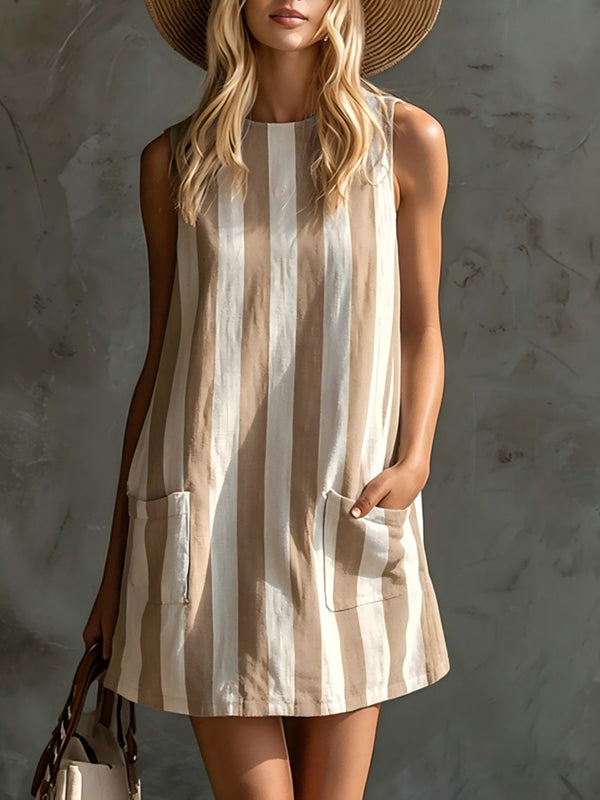 Retro Striped Sleeveless Cotton Linen Mini Dress