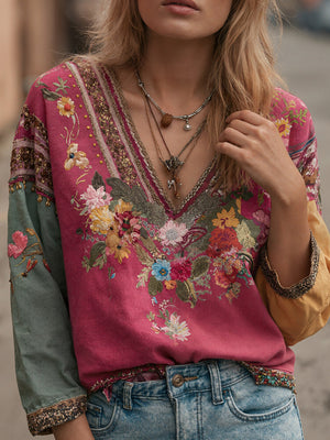 Retro Bohemian V-Neck Printed Top