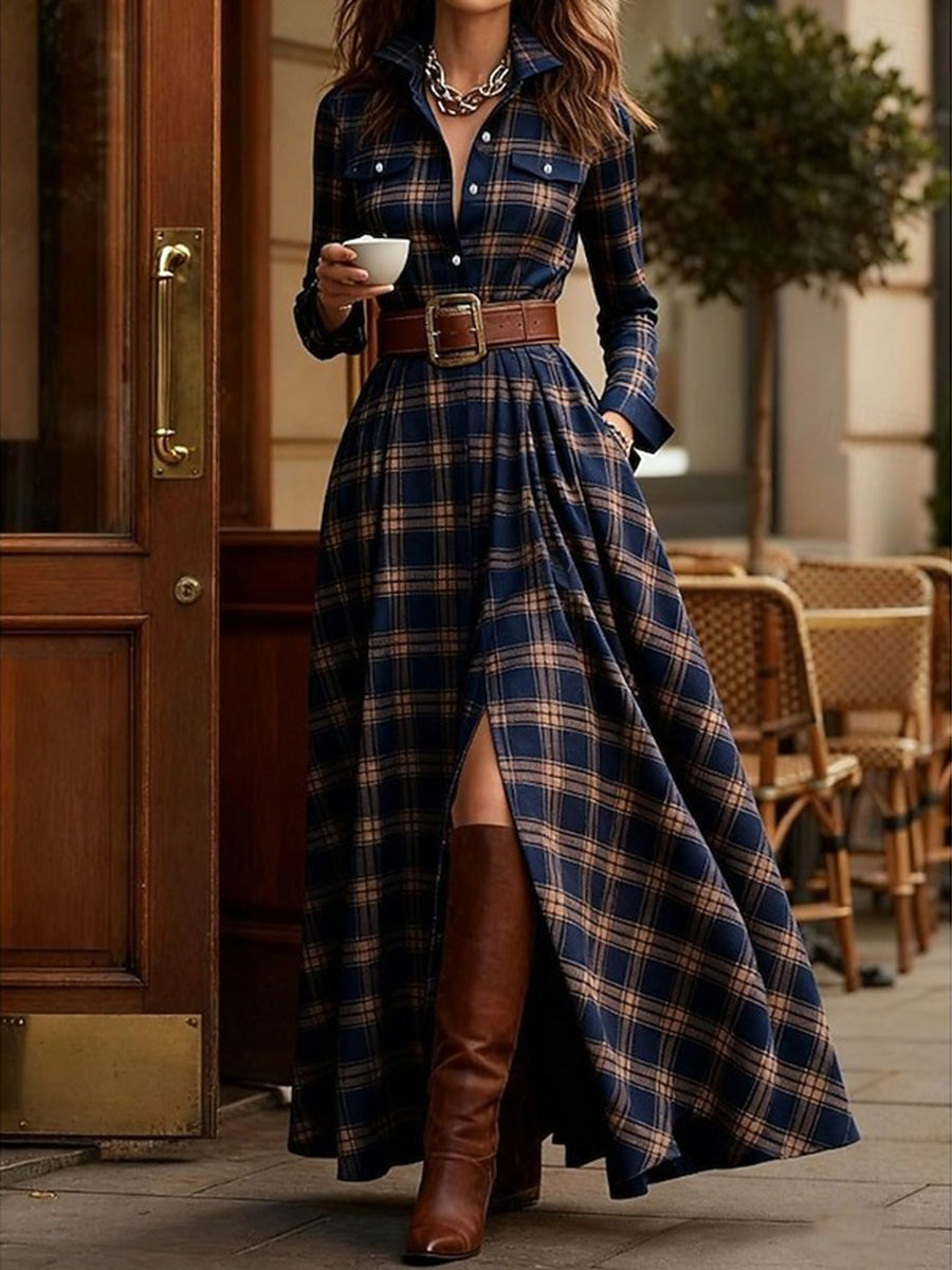 Retro Plaid Elegant Maxi Dress