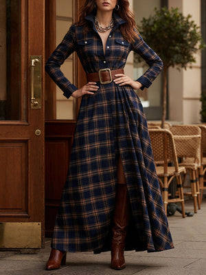 Retro Plaid Elegant Maxi Dress