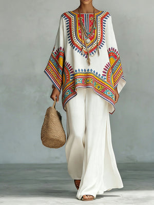 Retro Print Batwing Top & Wide-Leg Pants Set