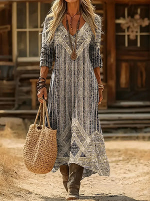 Retro Style Long Sleeve Printed Dress