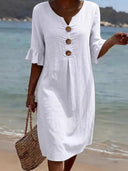 Romantic Cotton Linen Ruffle Sleeve Midi Dress