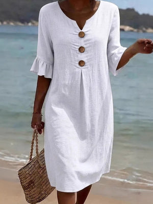 Romantic Cotton Linen Ruffle Sleeve Midi Dress