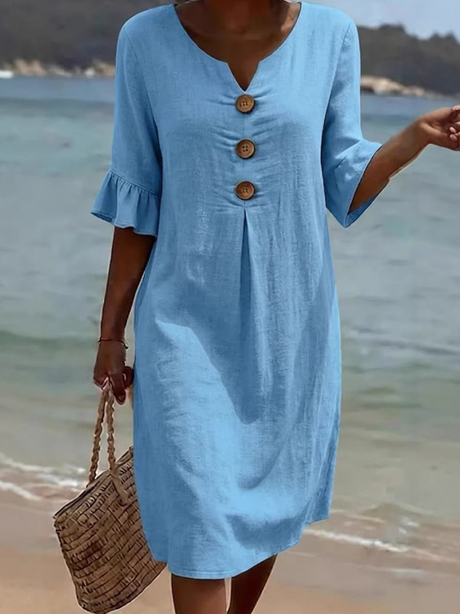 Romantic Cotton Linen Ruffle Sleeve Midi Dress