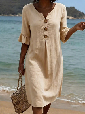 Romantic Cotton Linen Ruffle Sleeve Midi Dress