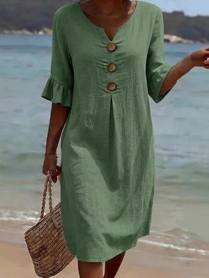 Romantic Cotton Linen Ruffle Sleeve Midi Dress