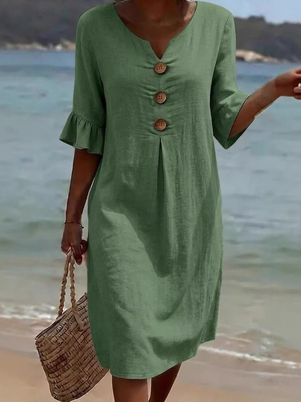 Romantic Cotton Linen Ruffle Sleeve Midi Dress