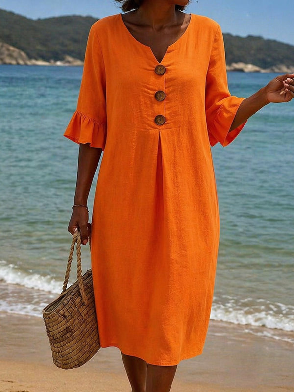 Romantic Cotton Linen Ruffle Sleeve Midi Dress