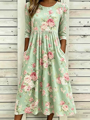 Romantic Floral Art Print Linen Midi Dress
