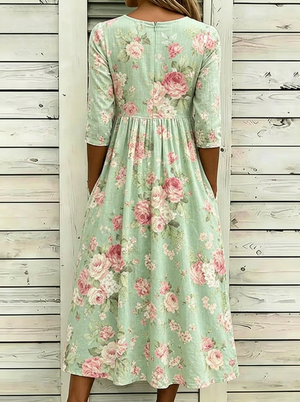 Romantic Floral Art Print Linen Midi Dress