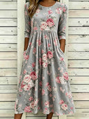 Romantic Floral Art Print Linen Midi Dress