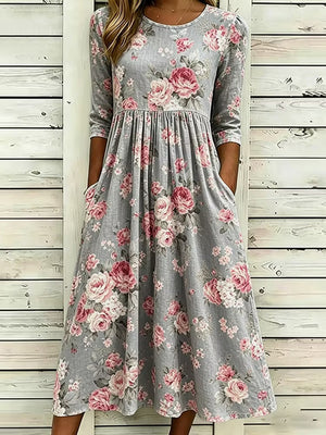Romantic Floral Art Print Linen Midi Dress