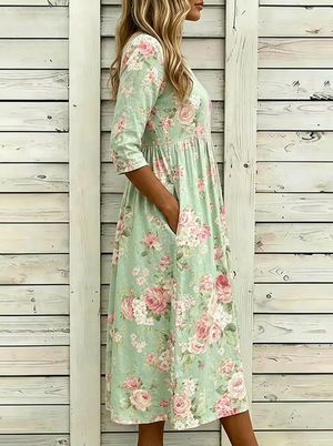 Romantic Floral Art Print Linen Midi Dress