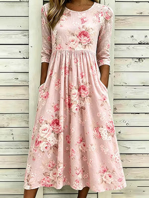 Romantic Floral Art Print Linen Midi Dress