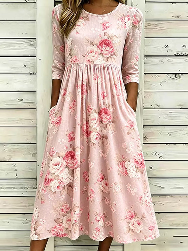Romantic Floral Art Print Linen Midi Dress
