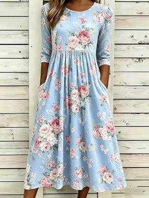 Romantic Floral Art Print Linen Midi Dress